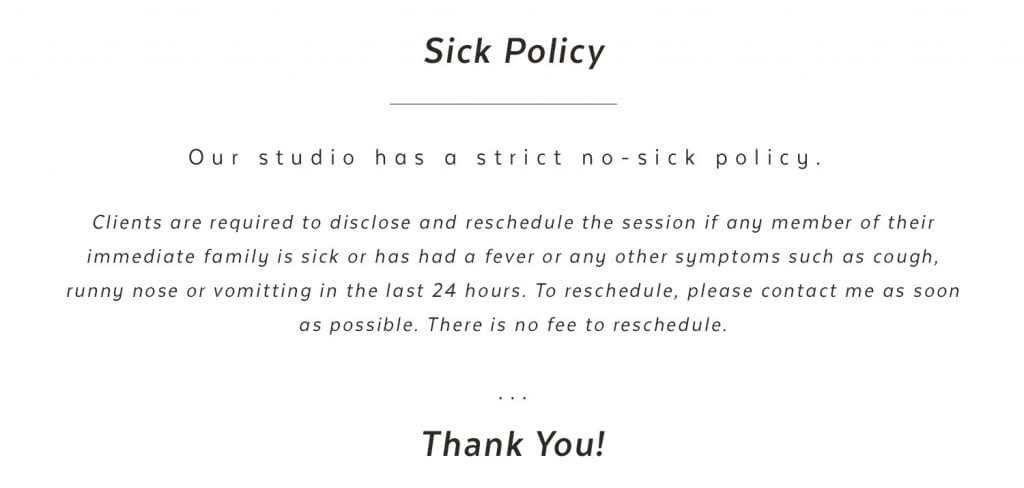 Sick Policy for Susan Willis Photography studio